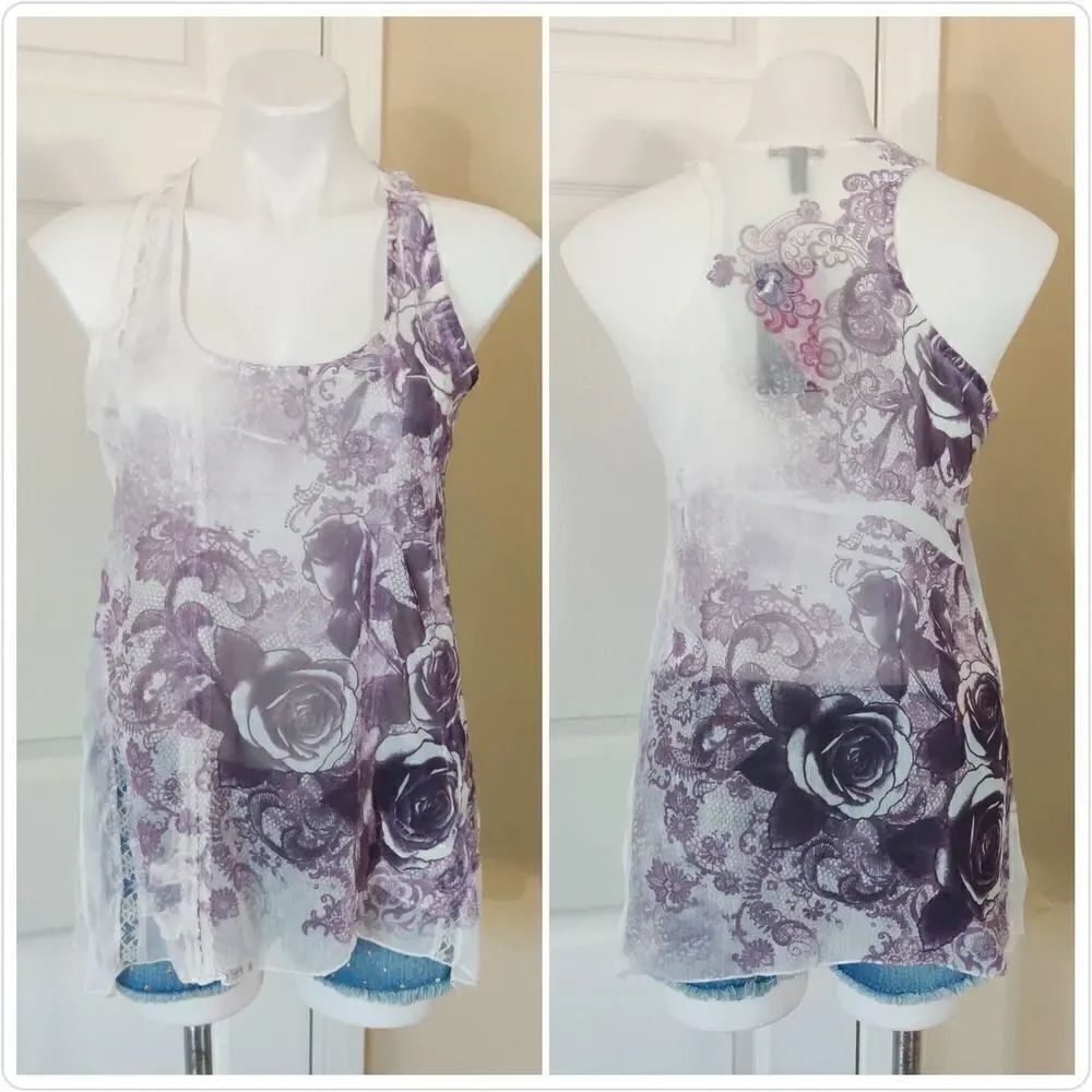 Fang sheer lace inset floral sharkbite hem tank M